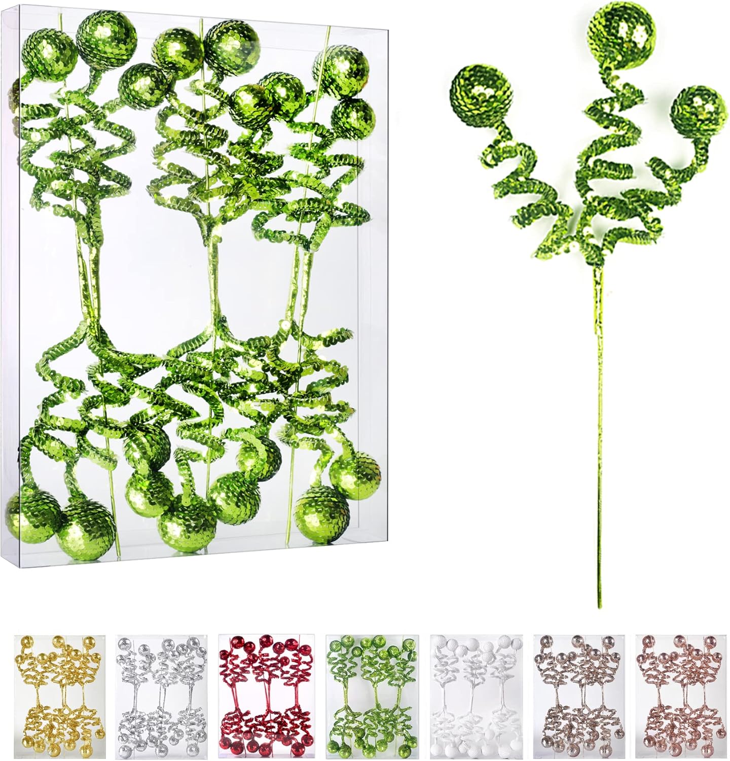 Tree Toppers - ZHANYIGY 6PC Set Green Christmas Tree Decoration Sequins Ball Curly Pick, Christmas Tree Decorations Christmas Tree Topper Star Home Office Perfect Party Decorations Gifts