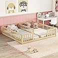 DNYN Double Twin Size Montessori Floor Bed for Kids Bedroom,Solid Wood Bedframe w/Fence & Easy Assemble & Space Saving Design & No Box Spring Needed, Natural
