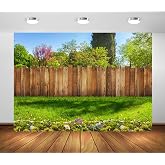 BELECO 7x5ft Fabric Backyard Garden Backdrop Brown Wooden Fenced Garden Green Trees Grass Meadow Background Backyard BBQ Picnic Party Decorations Banner Photo Props