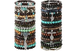 SONNYX 43Pcs Punk Wooden Beads Bracelets Gothic Bracelet for Men Adjustable Vintage Beaded Bracelet Metal Set Wood Bangles Wristbands Commemorative Gift