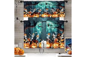 Arttown Funny Happy Halloween Kitchen Curtains with Valance and Tier Sets 36 Inch, 3 Pieces Skeleton Pumpkin Witch Rod Pocket Drapes Window Treatment Curtains for Kitchen Over Sink Dining Room Decor