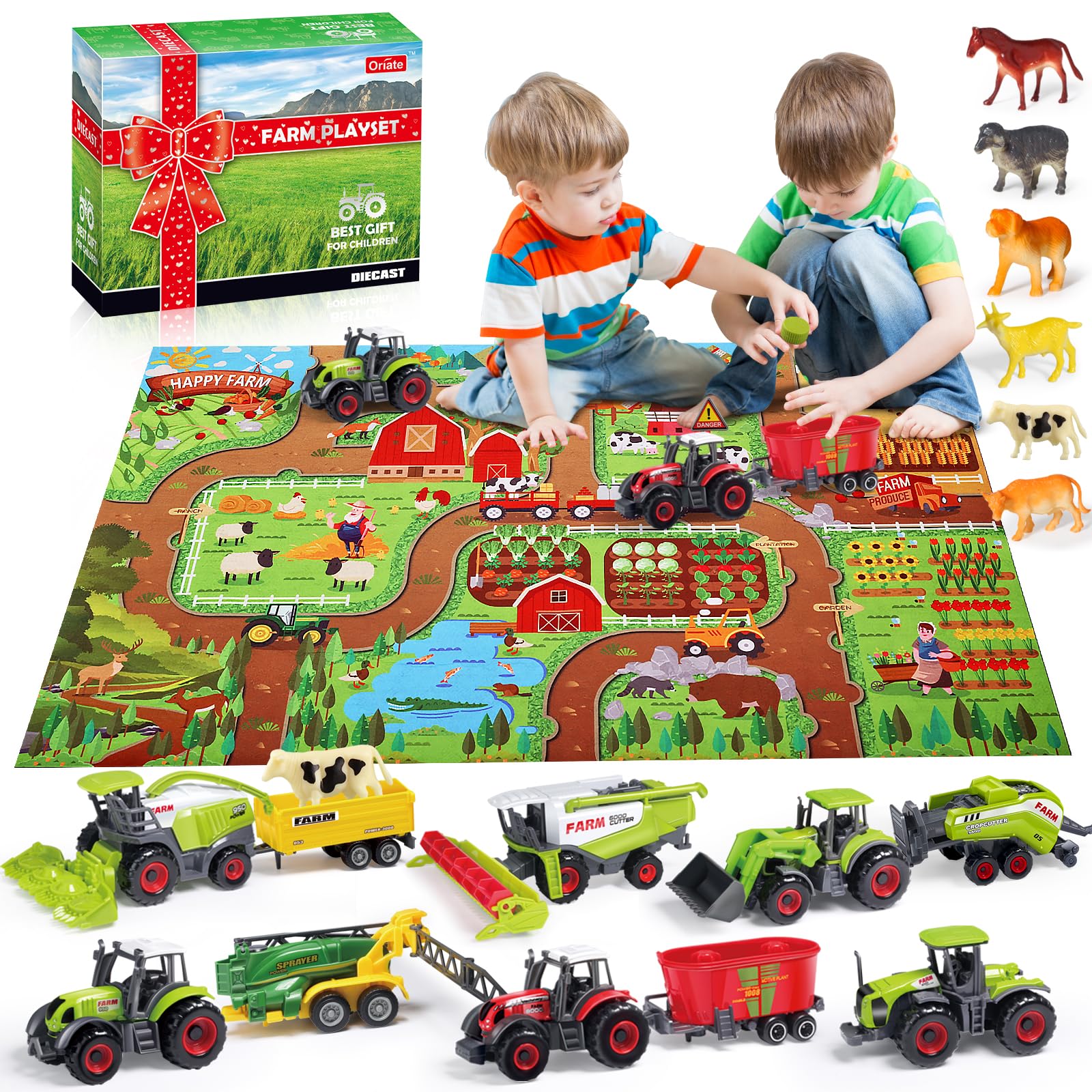 Oriate Farm Animals Tractor Toy Set, 38pcs Educational Farming Playset incl Realistic Partially Diecast Tractors and Combine Harvester Toys, Large Activity Play Mat, Ideal Kids Toys Gifts