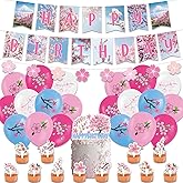 Cherry Blossom Party Decorations, Cherry Blossom Birthday Party Supplies, Japanese Favors Includes Banner Cake Topper Balloons for Girl Birthday Baby Shower Decorations (cherrry blossom)