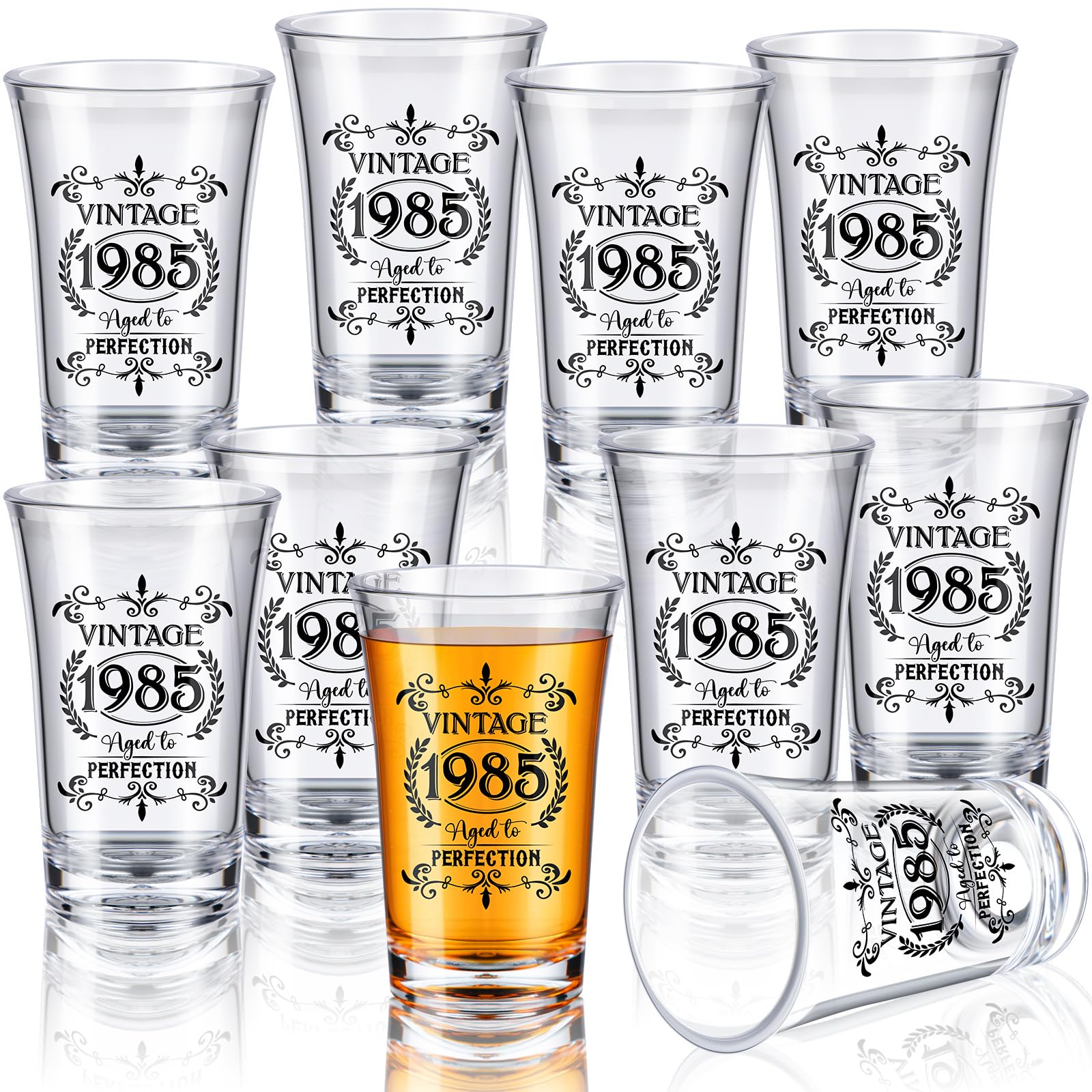 Photo 1 of Sliner 48 Pack Birthday Shot Glasses Bulk, 1.4oz Plastic Vintage Birthday Party Favors for Guests, Mini Cheers 40/50/60 to Years Black Shot Glass, Birthday Decoration Gift(Vintage 1985)