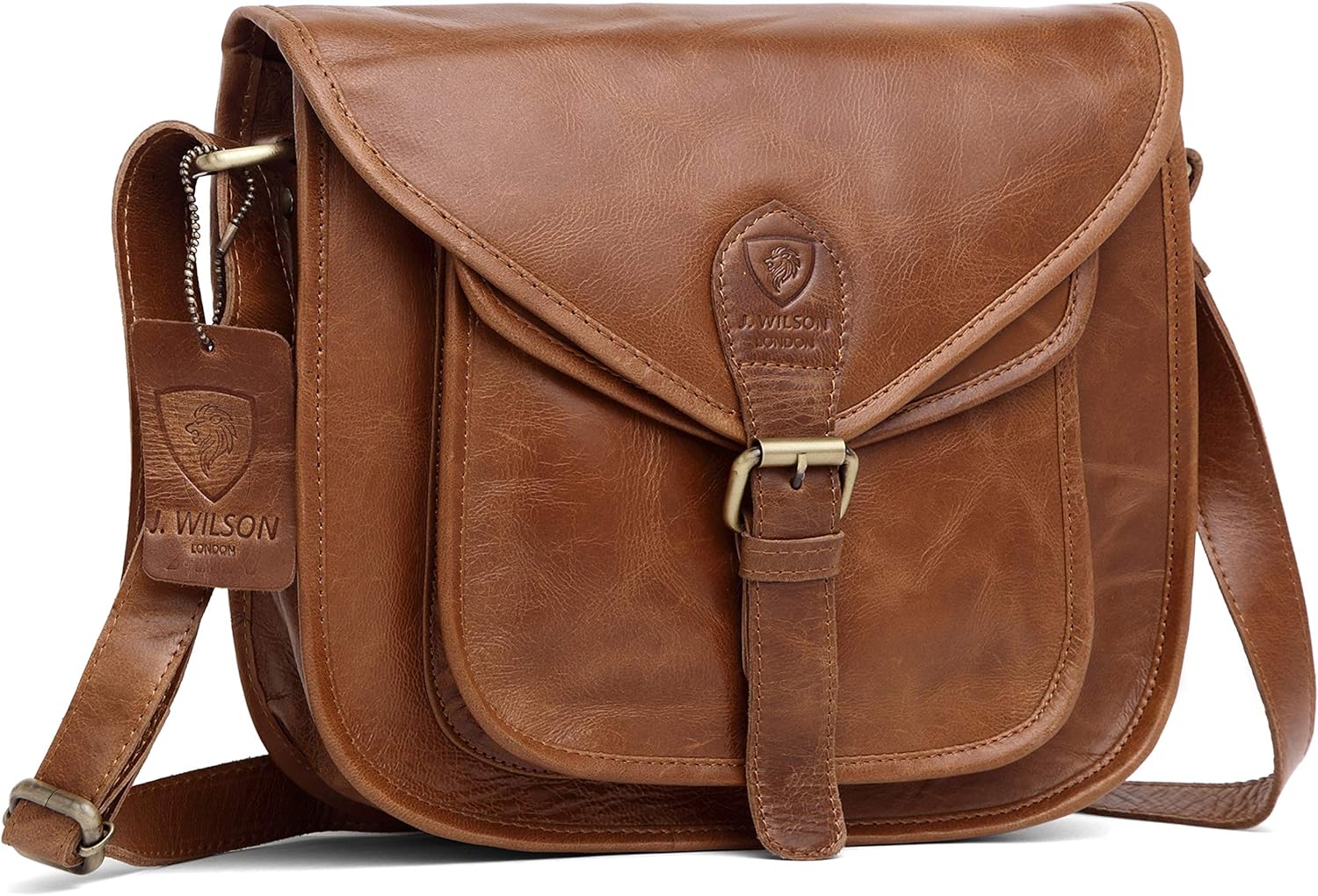 J. Wilson London Messenger Bag Women Leather Flapover 5 Litres (Distressed Crunch Tan)