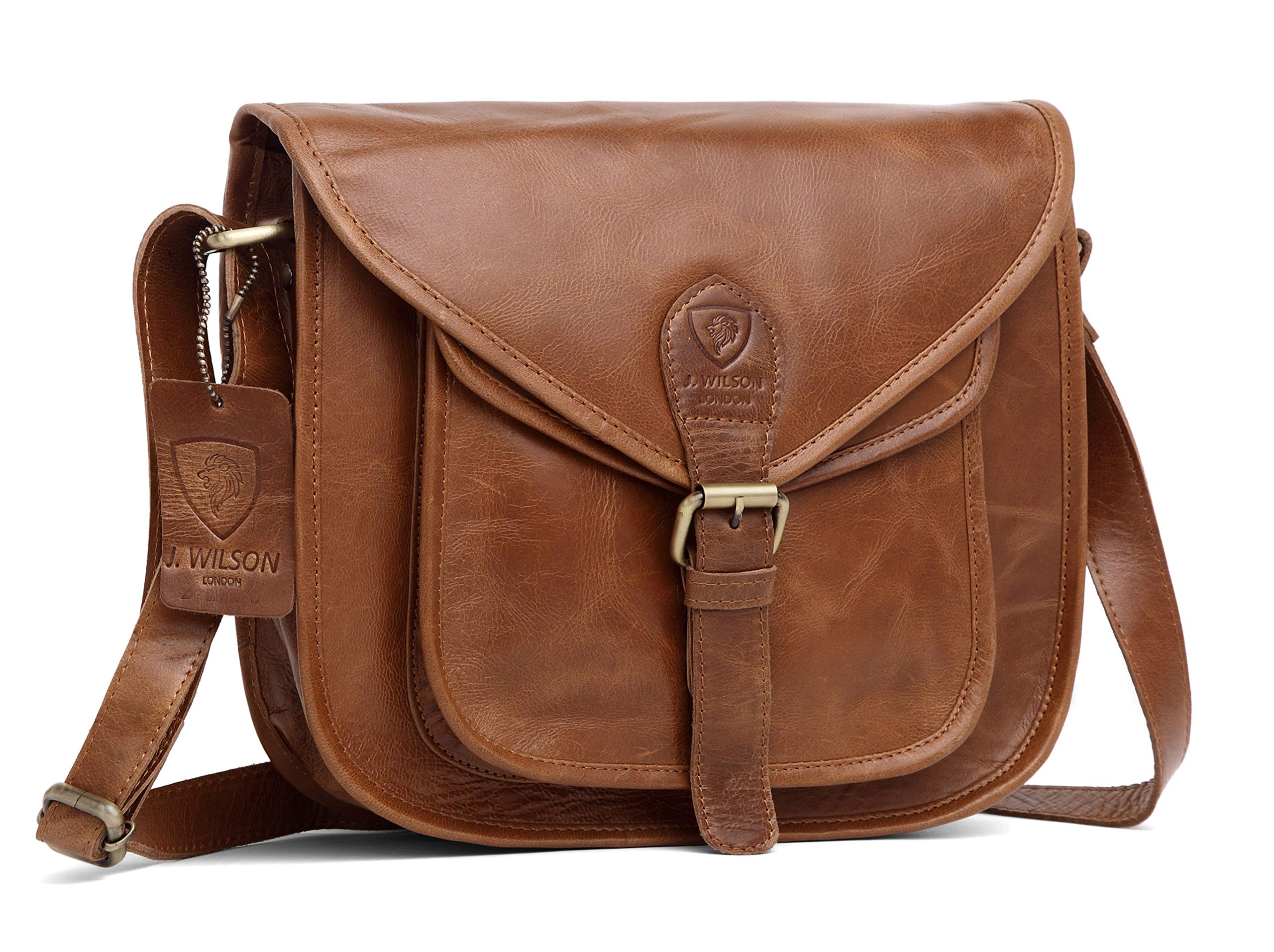 J. Wilson London Messenger Bag Women Leather Flapover 5 Litres (Distressed Crunch Tan)