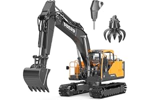 DOUBLE E Volvo 1:16 RC Excavator Toy,3 in 1 Construction Toys, 360°Rotation,Toys Digger with Metal Shovel Drill Grab RC Construction Vehicles for Kids Adults