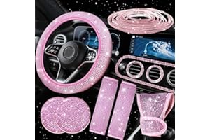 MILEGI 9 Pcs Pink Bling Car Accessories Set for Women, Pink Steering Wheel Cover Universal Fit 15 Inch, DIY Rhinestone Bling Car Trim Interior Exterior Stickers, Cute Sparkly Seat Belt Shift Knob Covers