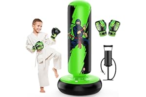 QPAU Punching Bag for Kids, 66 Inch Stable Inflatable Boxing Bag with Boxing Gloves, Stand Kids Punching Bag Toy for Boys & Girls Age 6-12, Boxing Set for Practicing Karate, Taekwondo, MMA