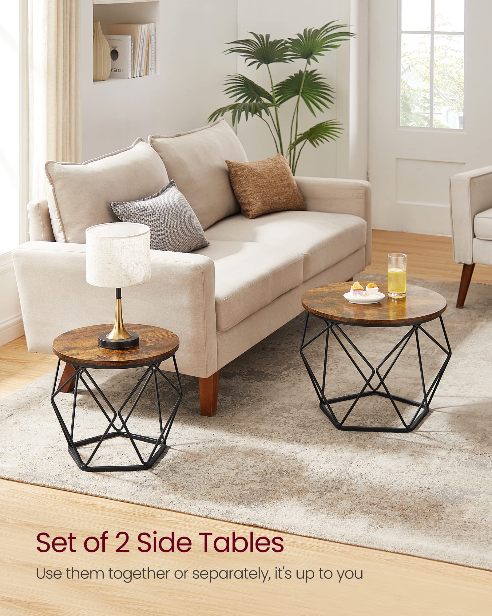 VASAGLE Small Coffee Table Set of 2, Round Coffee Table with Steel Frame, Side End Table for Living Room, Bedroom, Office, Rustic Brown and Ink Black
