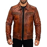 WECNOM Mens Leather Jacket - Classic Shirt Collar Style Real Lambskin Leather Motorcycle Jacket - Leather Bomber Jacket Men
