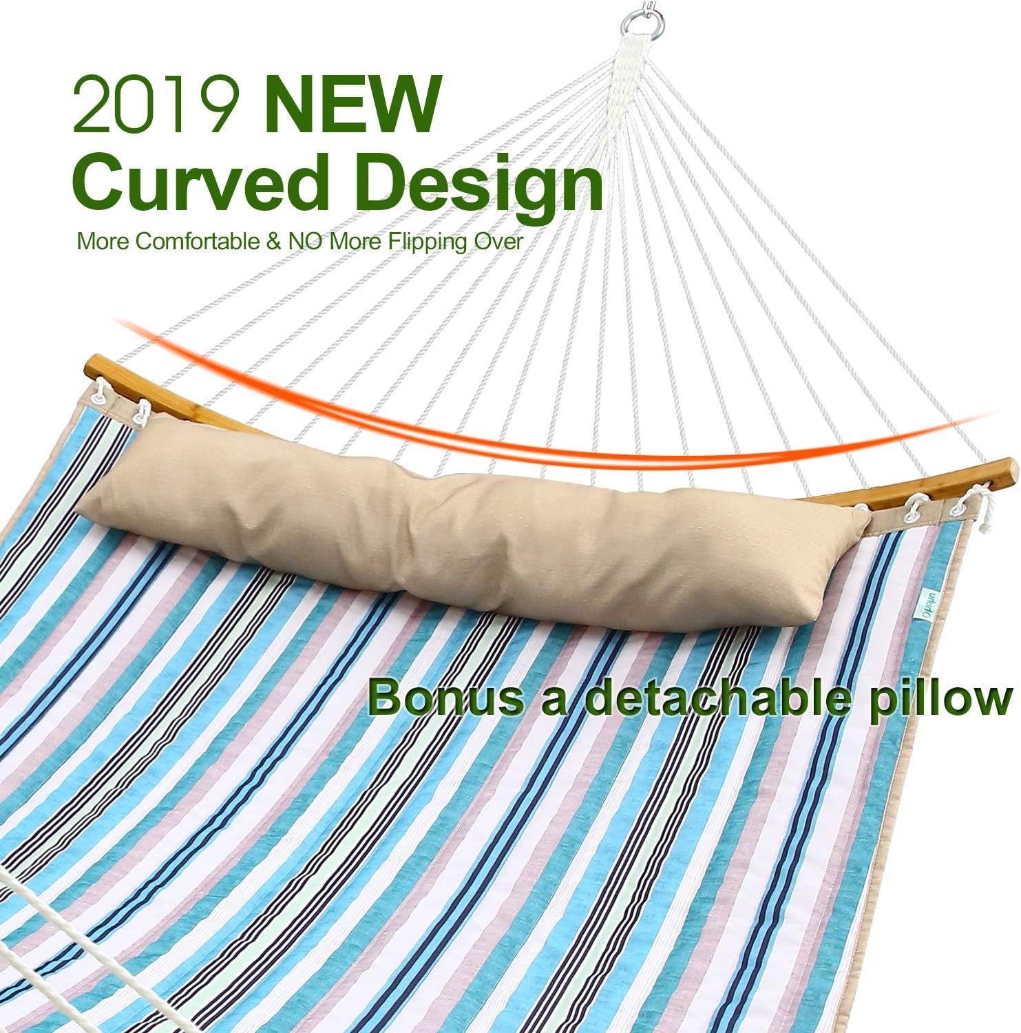 Ohuhu Double Hammock Quilted Fabric Swing with Strong Curved-Bar Bamboo & Detachable Pillow, 55"x75" Large Hammocks with Carrying Bag, 4.6'W x 6.2'L, Blue & White Stripe : Garden & Outdoor