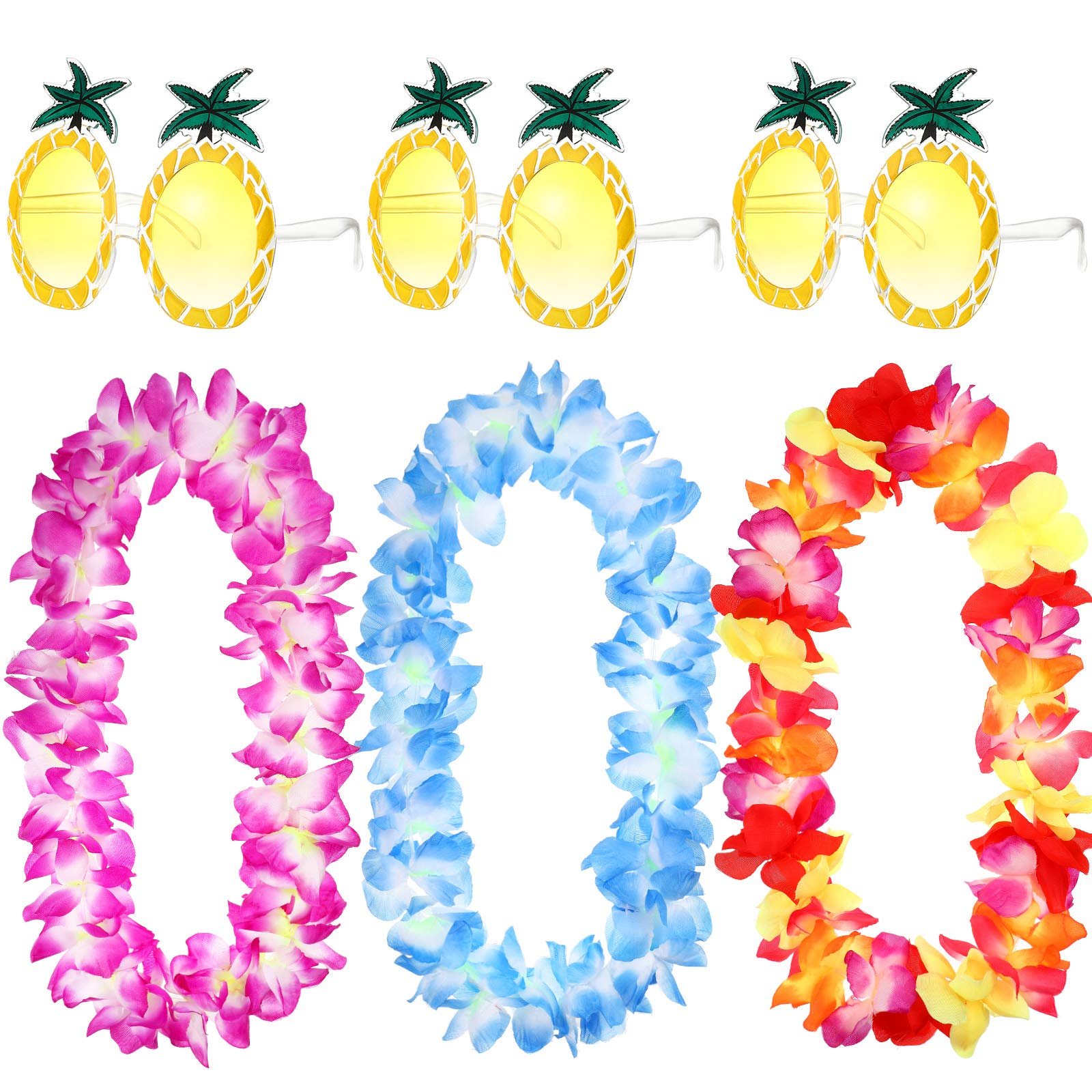 Photo 1 of Weewooday 6 Pieces Pineapple Sunglasses and Hawaiian Leis Dance Garland Hula Floral Necklace Hawaiian Glasses Faux Flower Necklace for Crazy Night Tropical Luau outfits Party Decoration Supplies