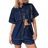 Womens Denim Set Casual Short Sleeve Denim Top and jeans Shorts Lounge Sets Summer Two Piece Sets For Women Outfits