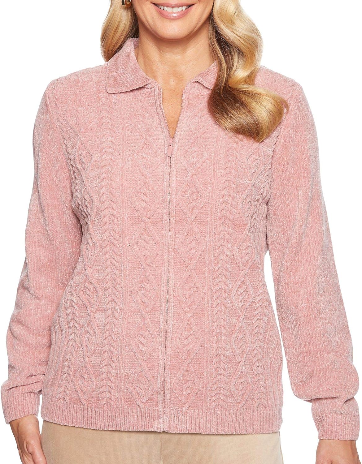 Alfred Dunner Women's Home for The Holidays Zip Front Chenille Sweater