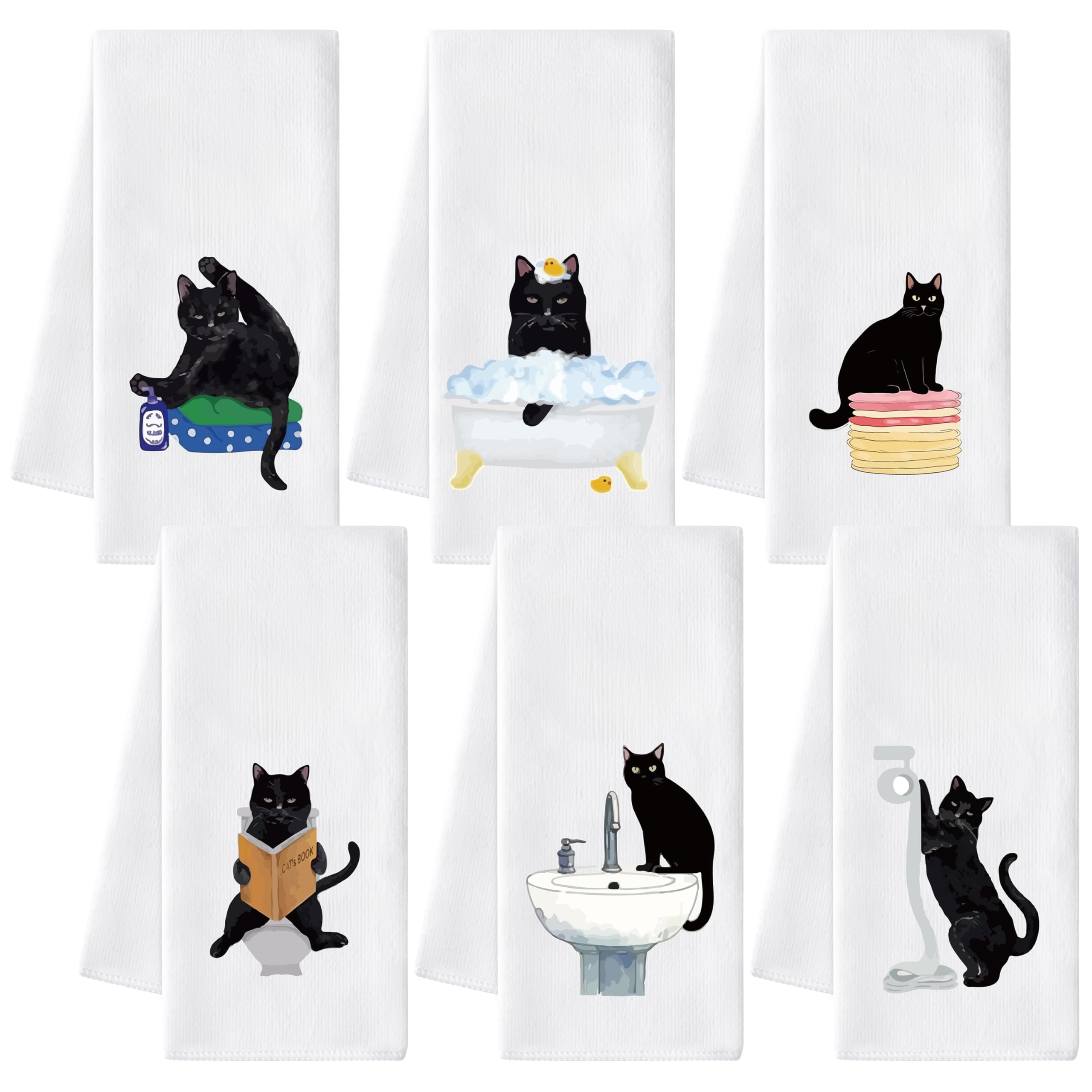 Photo 1 of AellasNervalt Black Cat Hand Towel - 6Pcs Funny Bathroom Black Cat Decorative Kitchen Dish Cloths Set Absorbent Polyester Towels for Bath Bar Dining Room Decor, Housewarming Gift for Hostess & Home