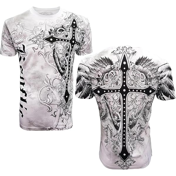 Maglietta Streetwear Uomo T-shirt Uomo Affliction Xtreme Couture Faith & Glory Con Ali E Croce - Taglie S-5XL, Argento Faith & Glory Maglietta