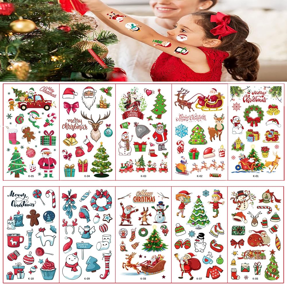 Aisszhao 10 Sheets Kids Christmas Temporary Tattoos Waterproof Xmas Cartoon Fun