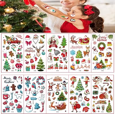 Aisszhao 10 Sheets Kids Christmas Temporary Tattoos Waterproof Xmas Cartoon Fun