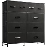 WLIVE Dresser for Bedroom with 10 Fabric Drawers, Tall Chest Organizer Units for Clothing, Closet, Storage Tower with Cabinet, Metal Frame, Wooden Top, Black Dresser for Living Room