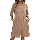 Ekouaer Zipper Robes for Women 3/4 Sleeve Waffle Knit Bathrobe Lightweight Short Housecoat with Pockets Soft Loungewear S-3XL