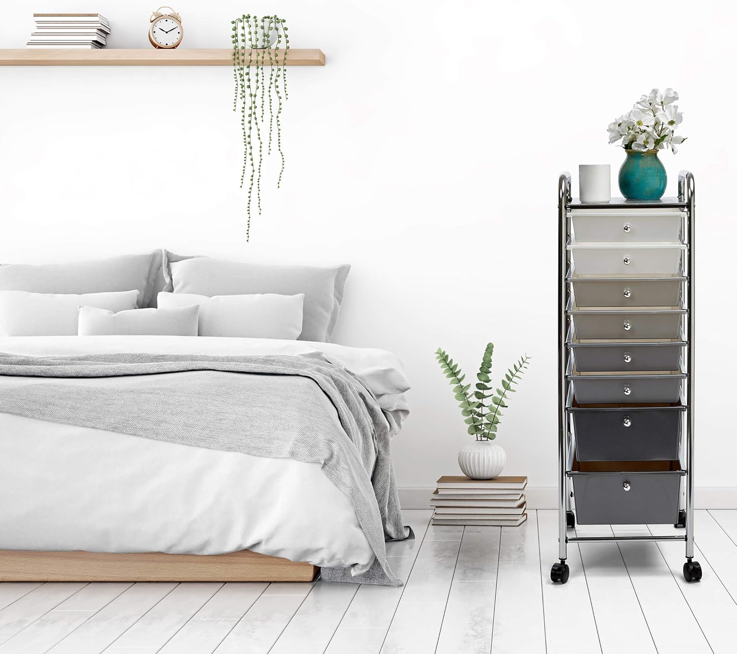 Seville Classics 8-Drawer Multipurpose Mobile Rolling Utility Storage Bin Organizer Cart, White/Gray/Black Gradient: Furniture & Decor