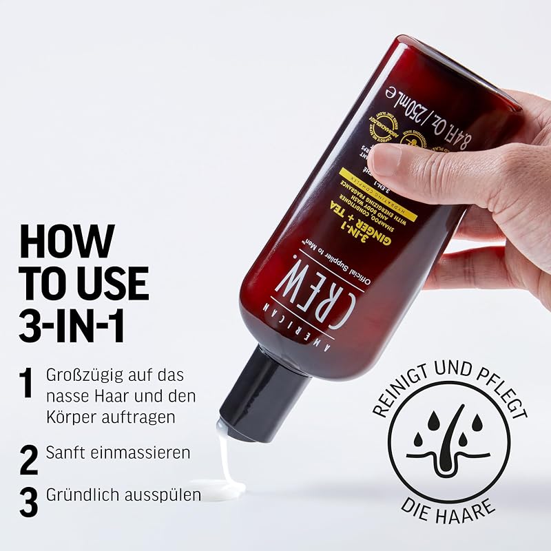 – 3-in-1 Ginger & Tea Shampoo, Conditioner & Body Wash, 250ml, Pflegeshampoo und Duschgel für Männer, Produkt für die tägliche Reinigung von Körper und Haar