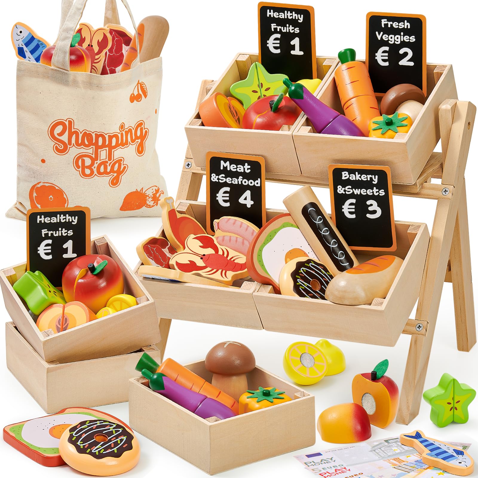 Atoylink Wooden Play Food Sets for Children Kitchen, Toy Food Set for Kids Kitchen, Wooden Toy Kitchen Accessories with Cutting Fruit Pretend Play Toddler Toys Gift for 3 4 5 6 Years Old Boys Girls