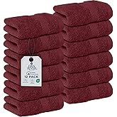 DAN RIVER 12-Pack Premium 100% Cotton Pomegranate Face Towels for Bathroom - Reusable Face Wash Cloths for Showering 12x12 Inches - 550 GSM Super Soft & Absorbent Luxury WashCloths for Body, Spa & Gym