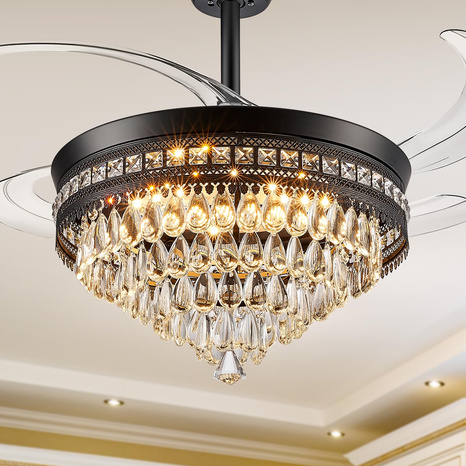 Photo 1 of *************FOR PARTS ONLY, DAMAGED, MISSING REMOTE*************
Baotree Chandelier Ceiling Fan with Lights and Remote,42 Inch Modern Flush Mount for Bedroom Indoor, Dimmable LED,Bluetooth connection,Energy Efficient Quiet Retractable Blades (Black)
