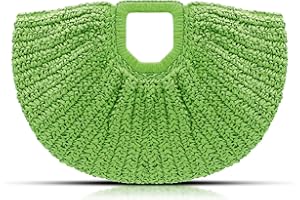 QTKJ Straw Bag, Beach Bags for Women, Semi-Circular Woven Beach Hand Bag Handmade Rattan Handbag for Vacation Travel Daily (Green)