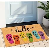 JarThenaAMCS Hello Summer Natural Coir Door Mat Colorful Summer Slippers Welcome Floor Mat Non-Slip Entrance Door Rugs for Indoor Outdoor Home Bathroom Decor, 16.5 x 29 Inch