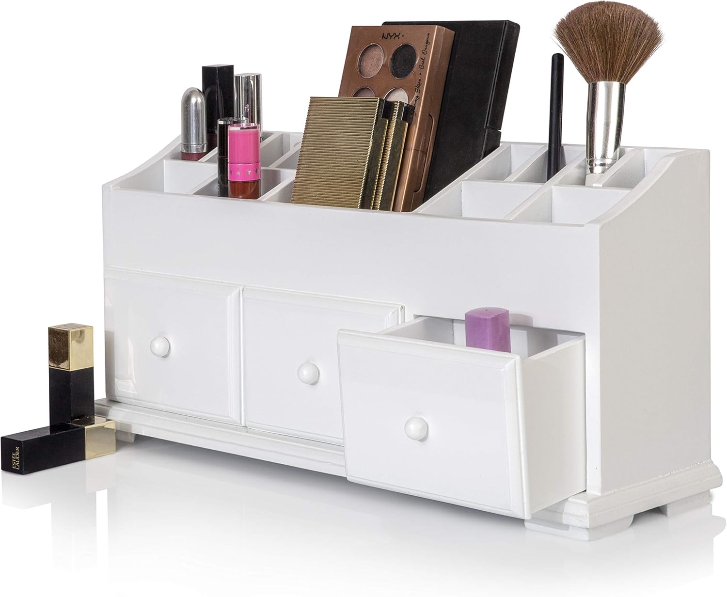 Amazon Com Vanity Drawer Beauty Organizer 3 Drawers Wooden Cosmetic Storage Box For Neat Organize Storing Of Makeup Tools Small Accessories At Home Office Vanities Bathroom Counter Top White Home
