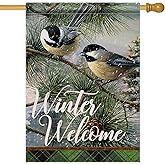 Covido Home Decorative Winter Welcome Chickadee Birds House Flag, Garden Yard Tree Branches Pinecone Buffalo Plaid Check Outside Decorations, Christmas Farmhouse Outdoor Large Decor Double Sided 28x40