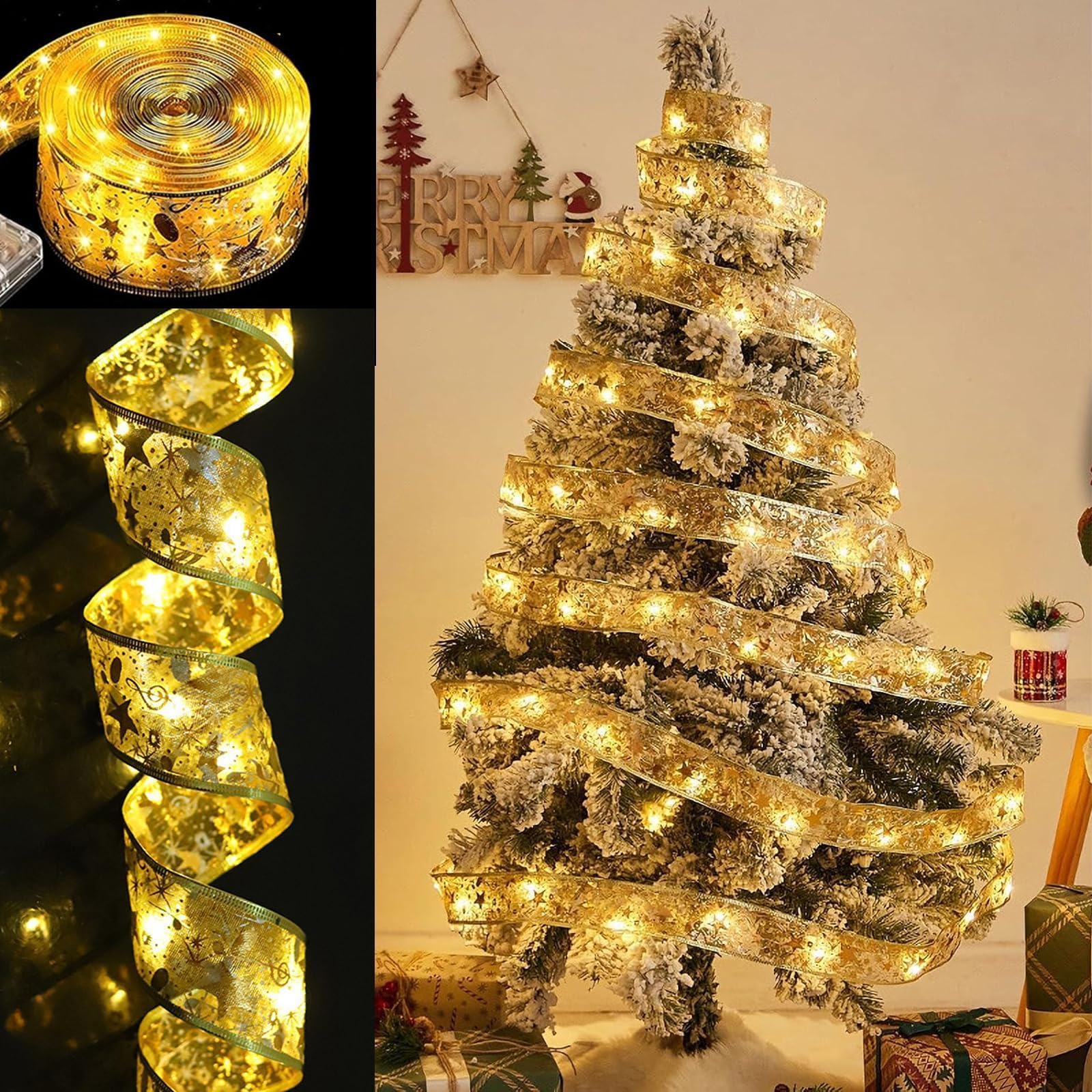 Christmas Tree Ribbon Lights - 32.8ft/10m 100 LED Waterproof Fairy Curtain Lights - Hanging Decorations for Bedroom, Garden, Patio, Christmas Tree