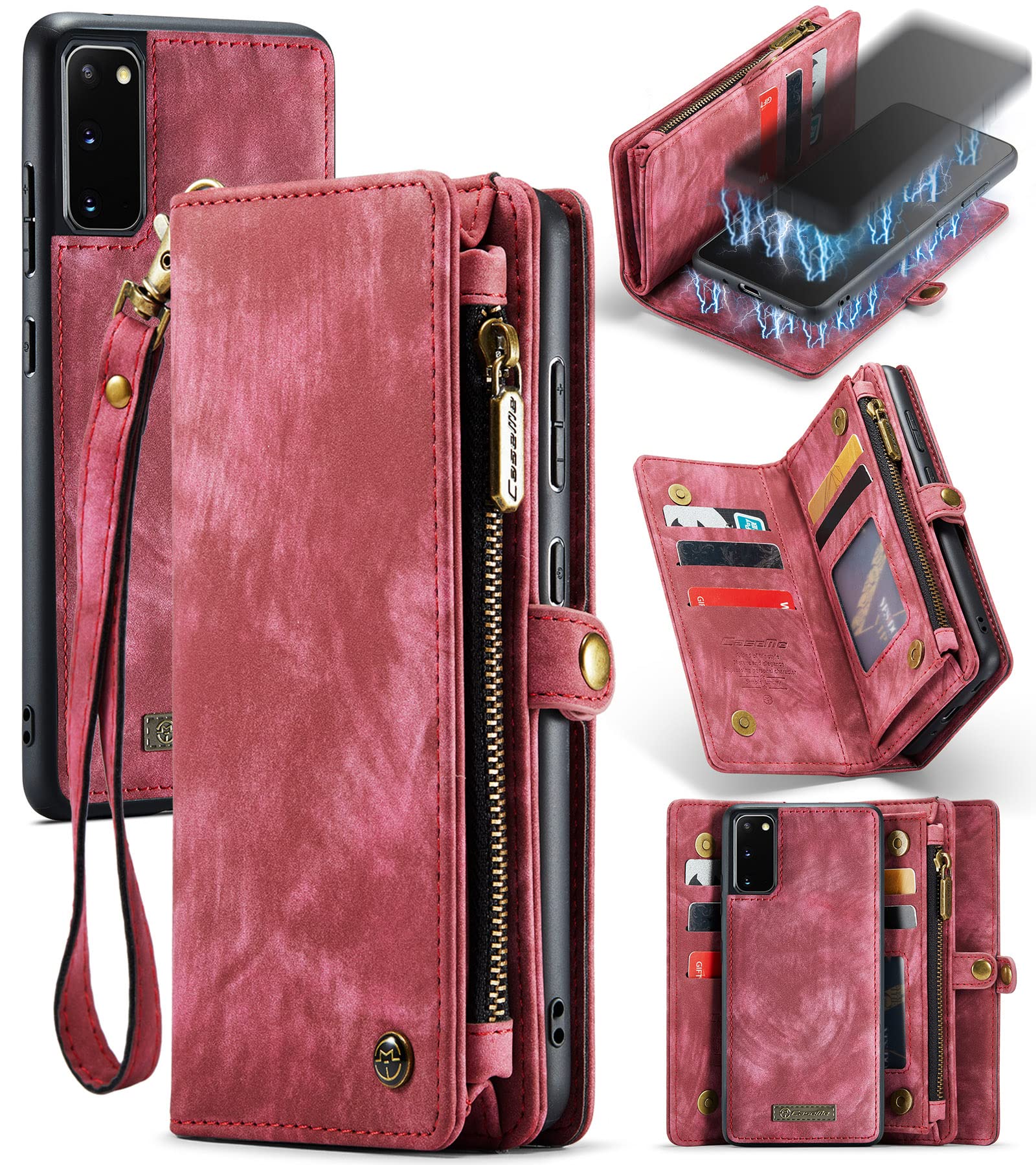UFinetech Detachable Samsung Galaxy S20 Case Wallet TPU Leather Flip Magnetic Designer Luxury Card Holder Slot Zipper Stylish 2-in-1 Purse Holster Cover for Samsung Galaxy S20 5G Women Men 2020 Red