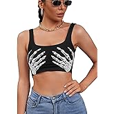 Women's Sexy Skeleton Skull Hand Print Sleeveless Funny Halloween Crop Tank Top Shirts