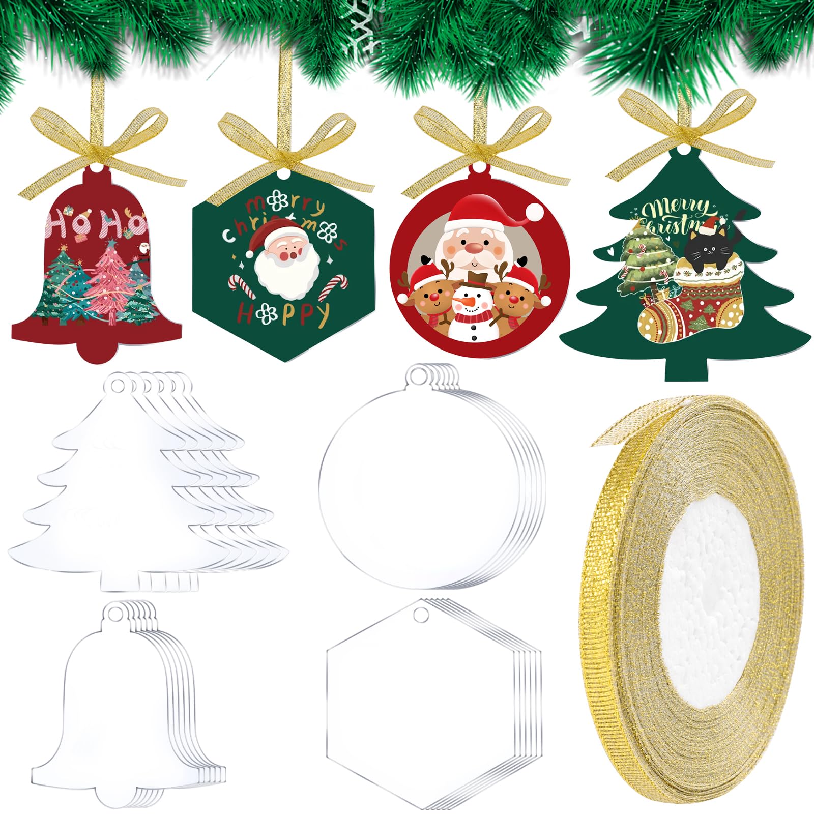 Fangoo 24Pcs Bauble Blank 8-9.5cm Acrylic Disc Ornaments - Clear Hanging Christmas Tree Decorations With Golden Ribbons for Handicraft Production and Party Decoration