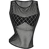 SweatyRocks Women's Mesh See Through Sleeveless Fitted Top Crew Neck Glitter Plaid Tank Tops