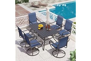 PHI VILLA 7 Piece Outdoor Patio Dining Set, Large Metal Table (1.57'' Umbrella Hole) and 6 Swivel Dining Chairs with Textilene Mesh Fabric, All Weather Patio Furniture Set for Deck Lawn Garden (Blue)