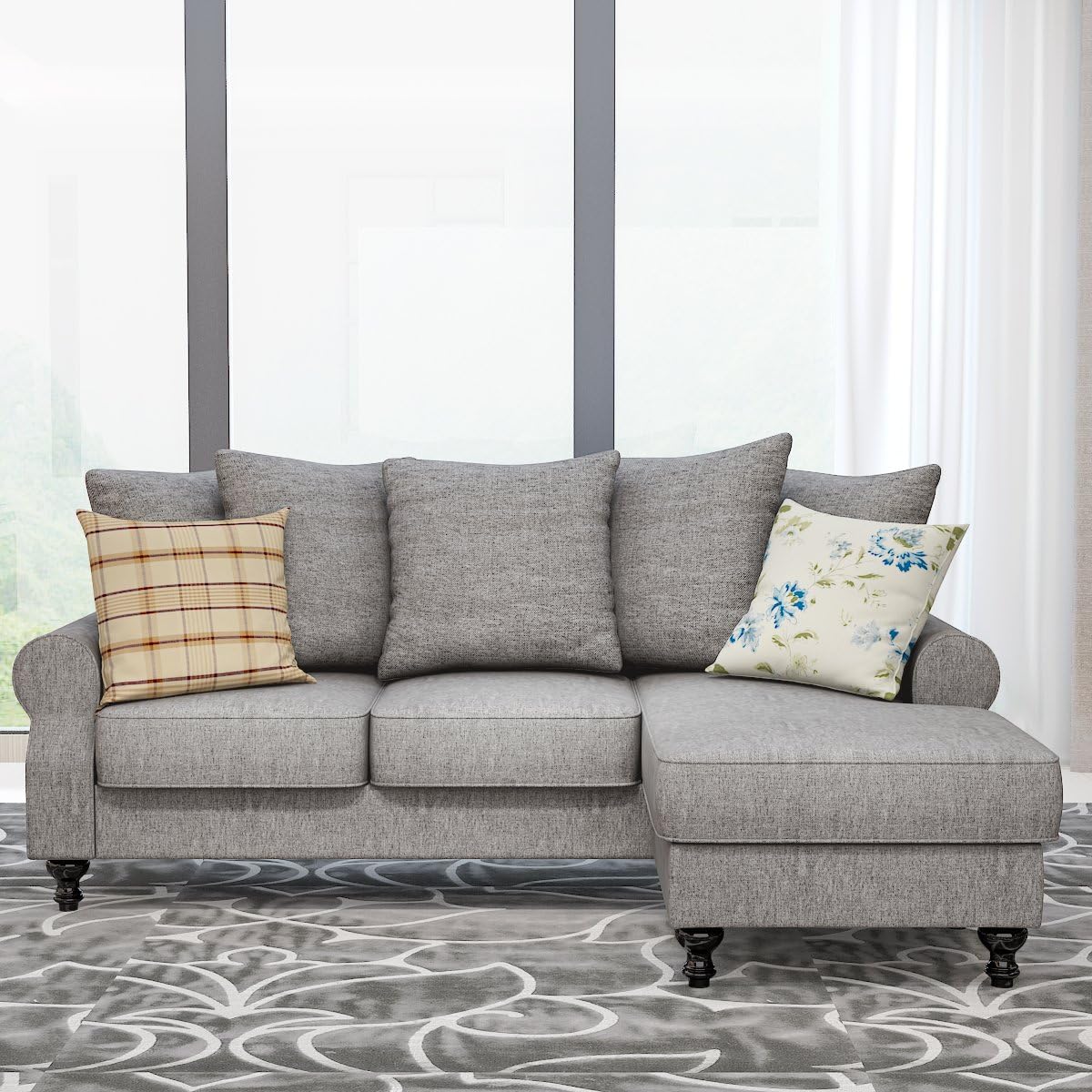 Wellgarden Fabric Corner Sofa Couch L Shaped 3 Seater Sofa Settee Chair Left or Right Hand Side Living Room Furniture, Grey