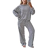AIHUKOCY Women Striped Two Pieces Lounge Set Stripes Long Sleeve Crew Neck Tshirt Top Drawstring Wide Leg Pants 2pcs Sets