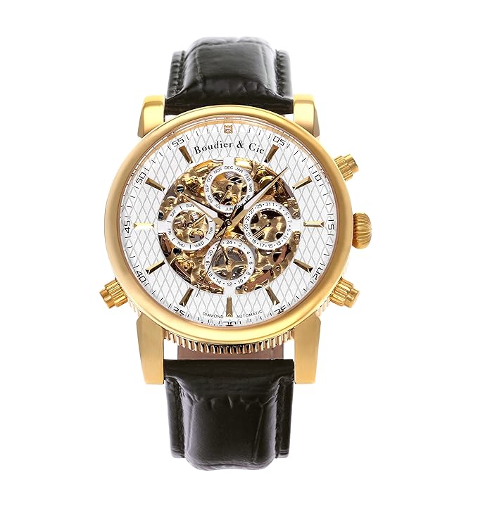 Boudier and Cie Automatik Uhr Armbanduhr für Männer Herren mit einem echten Diamanten Analoge Anzeige Skelettuhr und Leder Ar