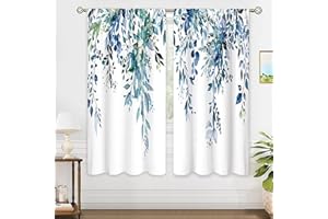 oolygoo Teal Eucalyptus Botanical Leaves Floral Window Curtains Blue Watercolor Turquoise Flower Plant Wildflower Farmhouse Curtain Drapes Herb Curtains for Bedroom Living Room Treatment 42Wx63H Inch