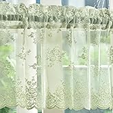 Kotile Light Sage Green Sheer Valance Curtain for Windows, Rustic Floral Muted Green Window Lace Curtain 18 Inch Length, Rod Pocket Light Filtering Valance, 52W x 18L Inch, 1 Panel