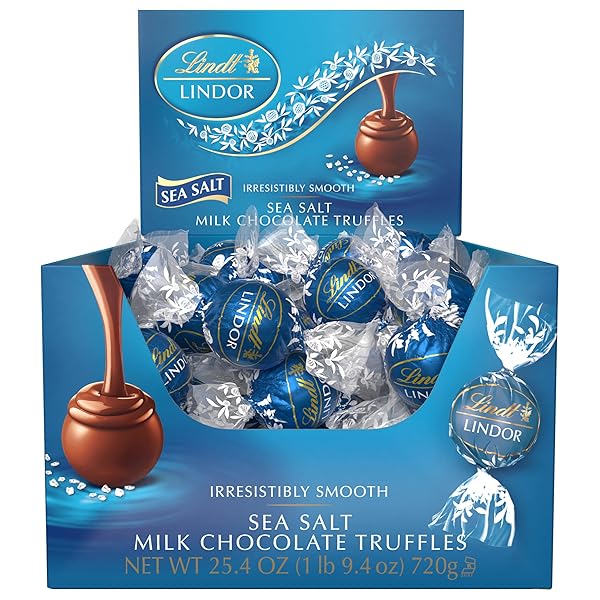 LINDT LINDOR SEA SALT MILK CHOCOLATE TRUFFLES, MILK CHOCOLATE CANDY WITH SMOOTH, MELTING TRUFFLE CENTER, GREAT FOR GIFT GIVING, 25.4 OZ, 60 COUNT BOX