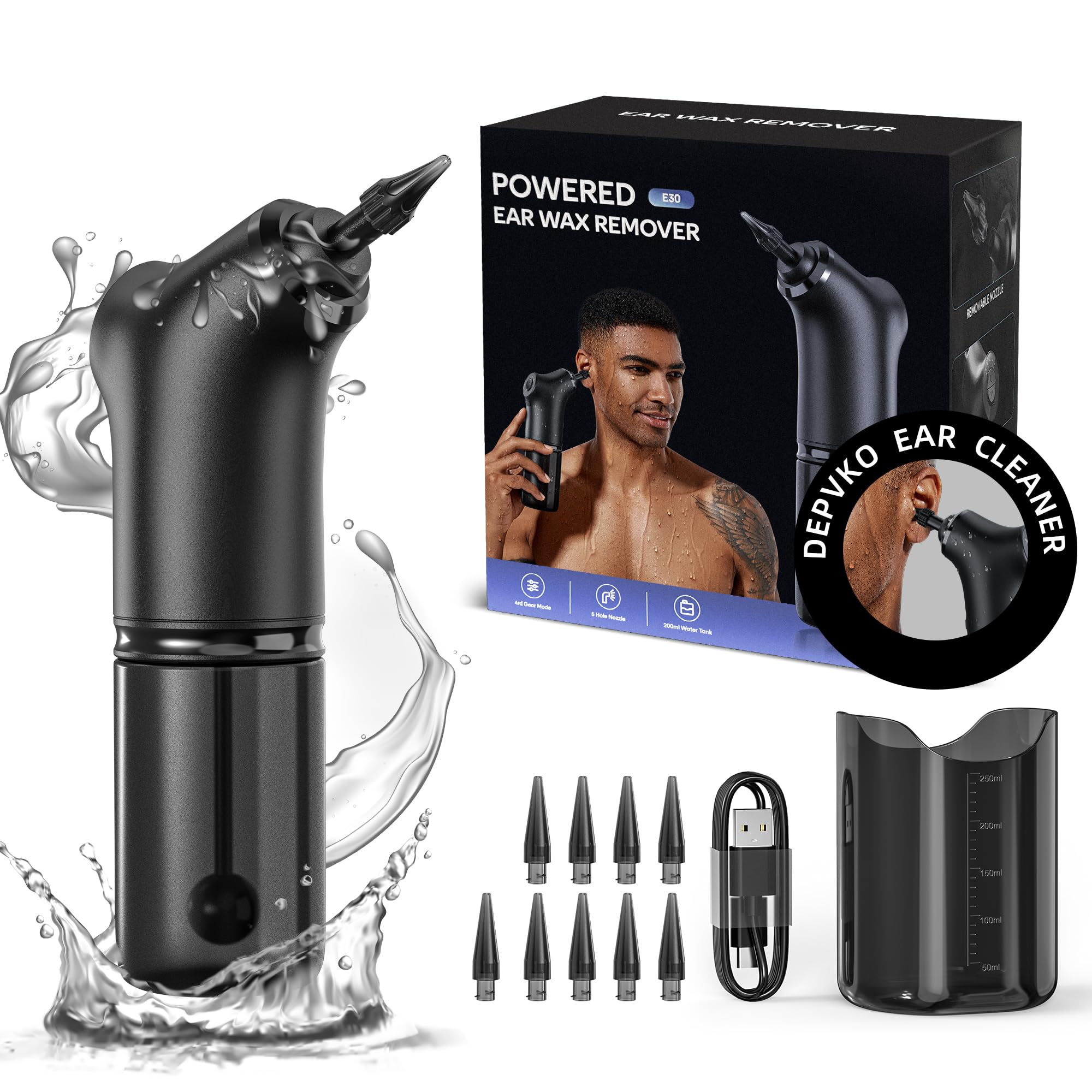 View 1 of Electric Ear Wax Removal -Water Powered Ear Washer for Humans with 9 Reusable Replacement Tips, Safe & Effective Ear Wax Removal kit USB Rechargeable Triple Jet Stream 4 Pressure Modes