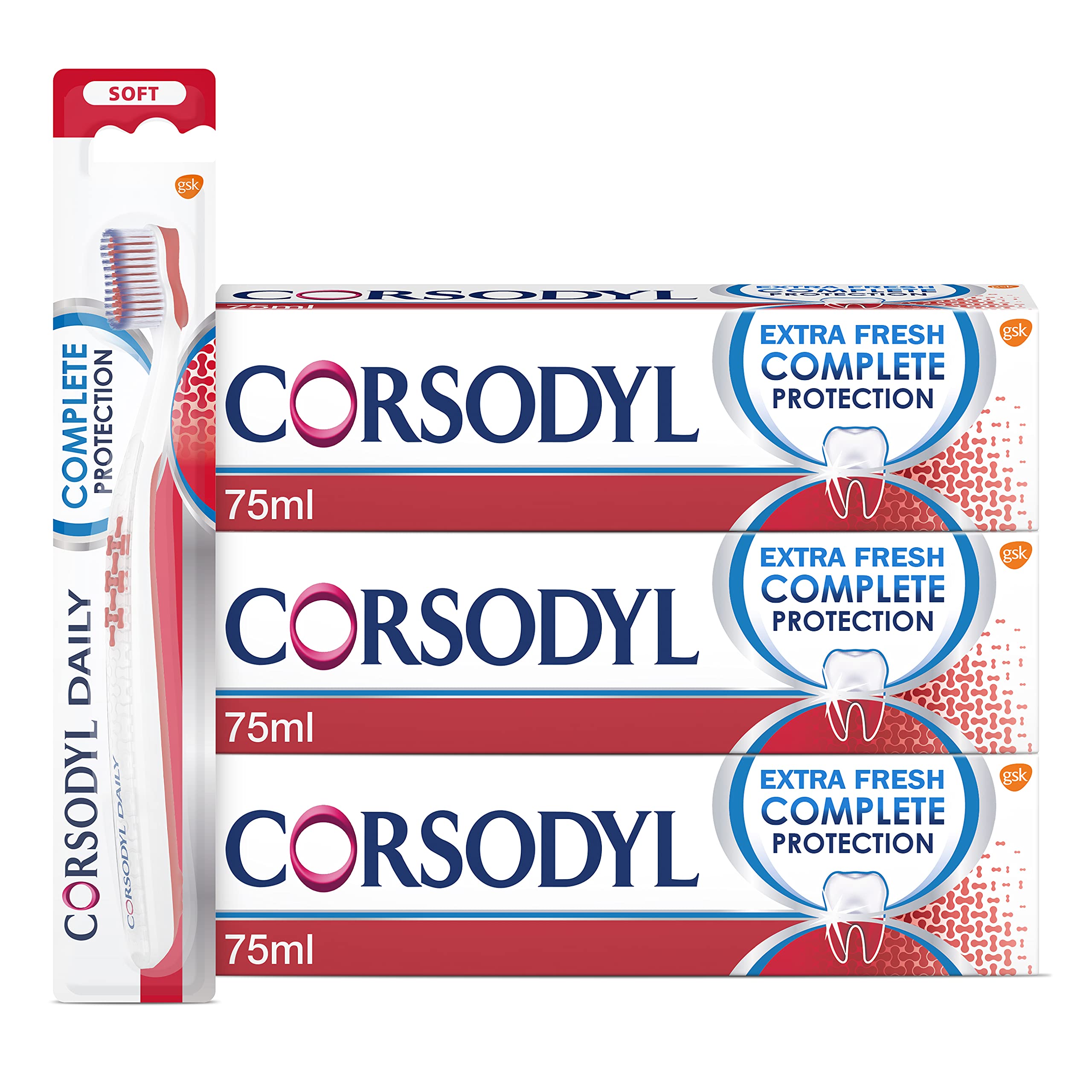 Corsodyl Complete Protection Bundle: 3X Complete Protection Extra Fresh Toothpaste 75ml & 1X Corsodyl Soft Toothbrush