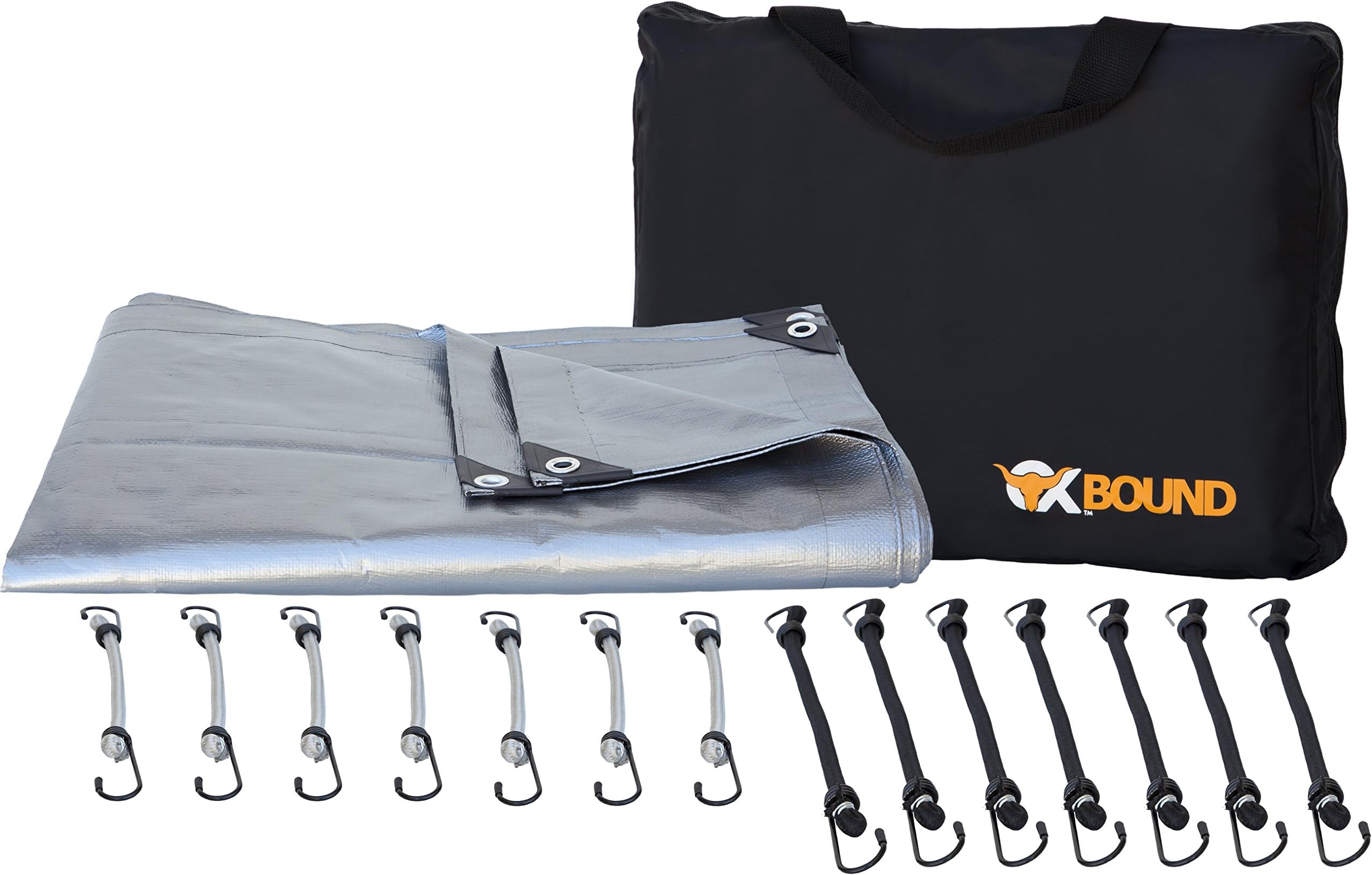 Tarpaulin Heavy Duty 8x10 ft with Reinforced Corners & Grommets: Includes 14 Free Premium Bungee Cords & Storage Bag | The Silver Grey Ox Tarp by Oxbound
