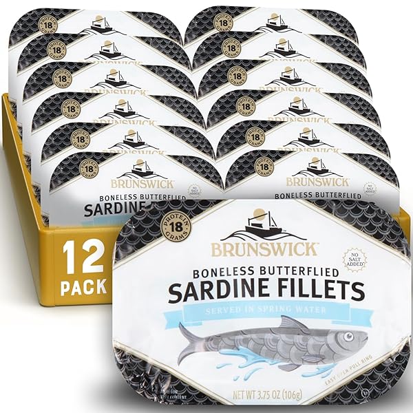 BRUNSWICK SARDINES IN SPRING WATER, 3.75 OZ CAN (PACK OF 12) – BONELESS BUTTERFLIED SARDINE FILLETS – WILD CAUGHT – 18G PROTEIN PER SERVING – GLUTEN FREE, KETO FRIENDLY